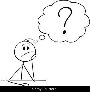 Mann oder Geschäftsmann, der hinter dem Schreibtisch sitzt und nach einer Antwort auf die Frage denkt, Vektorgrafik Cartoon Stick Figure Illustration Stock Vektor