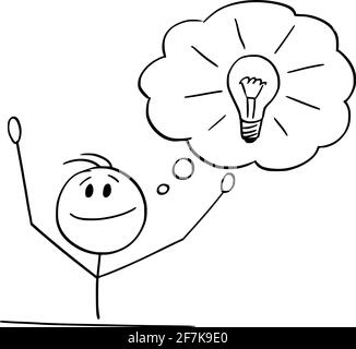 Mann oder Geschäftsmann, der hinter dem Schreibtisch sitzt, hat gerade eine Idee, Vektorgrafik Cartoon Stick Figure Illustration Stock Vektor