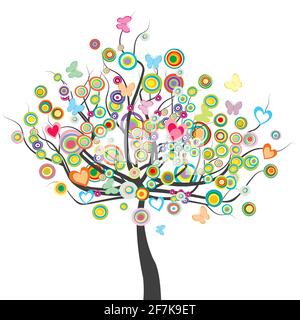Farbiger Baum mit Blumen, Schmetterlingen und kreisförmigen Blättern Stock Vektor