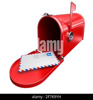 Roter Briefkasten und Briefumschlag Posteingang Korrespondenz mit Briefmarke und Poststempel. Stockfoto