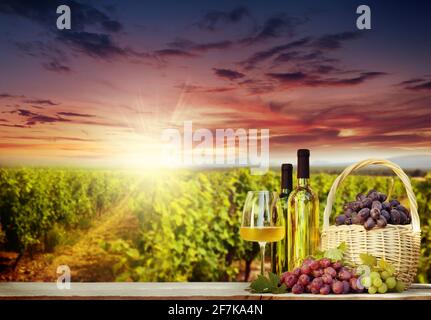 Bunte Trauben in Korb, weißen Wein Flaschen und Glas vor Landschaft der Weinberge. Französische Landschaft Tal Stockfoto