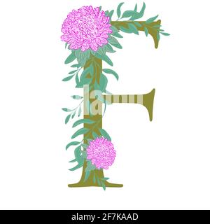 Buchstabe f, verziert mit Blumen und Blättern. Großbuchstabe mit leuchtend rosa üppigen Blumen. Blühender Buchstabe des Alphabets, Vektor. Stock Vektor