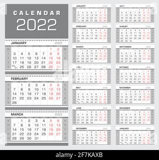 Kalender 2022. Wall Quartalskalender mit Wochenzahlen. Die Woche beginnt ab Montag. Druckfertig, Farbe: Schwarz, Rot, Silber. Vektorgrafik Stock Vektor