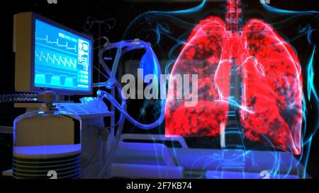 Menschliche Lunge und ITS-Lungenventilator, cg Healthcare 3d-Illustration Stockfoto