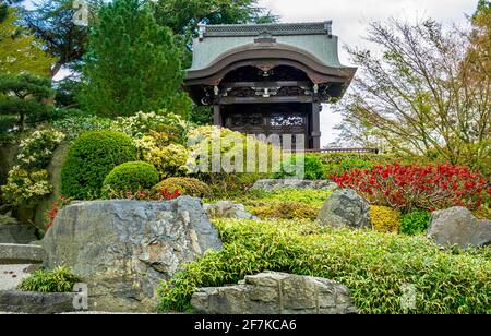 Schöner japanischer Garten des Friedens und Chokushi-Mon (japanisches Tor) in Kew Gardens, London, Großbritannien. Blühende Frühlingsblumen. Stockfoto
