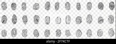 Fingerabdrücke persönliche Identität Doodle gesetzt. Sammlung von handgezeichneten Fingerabdrücken verschiedener Personen zur Identifizierung von Personen- oder Passdokumenten oder zur isolierten Reise vor transparentem Hintergrund Stock Vektor