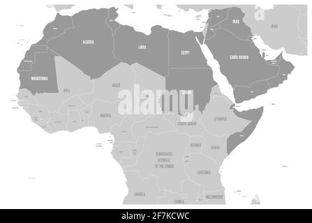 Die politische Landkarte der arabischen Weltstaaten mit 22 arabischsprachigen Ländern der Arabischen Liga. Nordafrika und Naher Osten. Vektor Stock Vektor