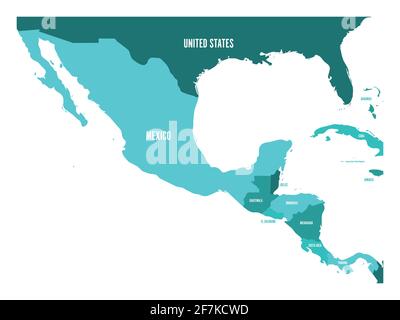 Politische Landkarte von Mittelamerika und Mexiko in vier Türkistönen. Einfache flache Vektordarstellung Stock Vektor