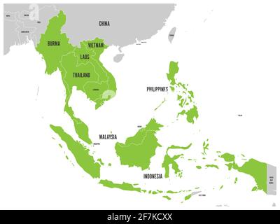 ASEAN Economic Community, AEC, MAP. Graue Karte mit grün hervorgehobenen Mitgliedsländern, Südostasien. Vektorgrafik Stock Vektor