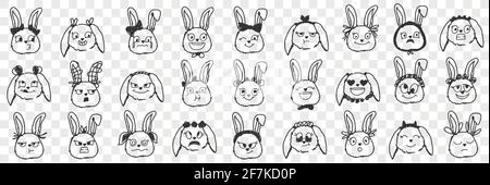 Rabbit Faces Ausdrücke Doodle Set. Sammlung von handgezeichneten verschiedene positive und negative Ausdrücke von Kaninchentieren Gesichter Maulkörbe isoliert auf transparentem Hintergrund Stock Vektor