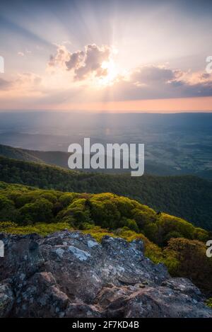 Wunderschöne Lichtstrahlen, die beim Sonnenuntergang über dem Shenandoah Valley leuchten, vom Stony man Mountain im Shenandoah National Park aus gesehen. Stockfoto