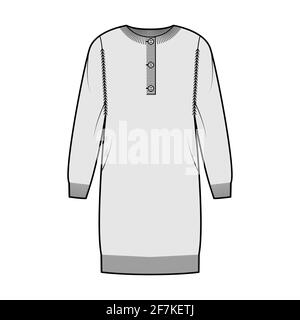 Kleid Pullover henley Hals technische Mode Illustration mit langen Ärmeln, Relax-Passform, knielang, Ripp-Strickbund. Flatpullover Bekleidung Bekleidung vorne, grau in Form. Frauen, Männer, Unisex-CAD-Modell Stock Vektor