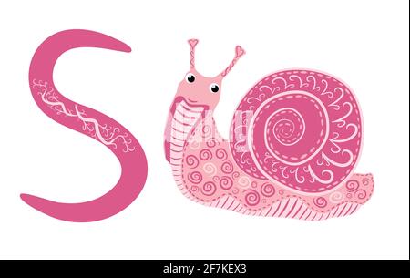 Buchstabe S Kleinbuchstaben niedlich Kinder bunt Zoo und Tiere ABC alphabet Tracing Flashcard von Bunte Schnecke für Kinder, die Englisch lernen Wortschatz und ha Stock Vektor