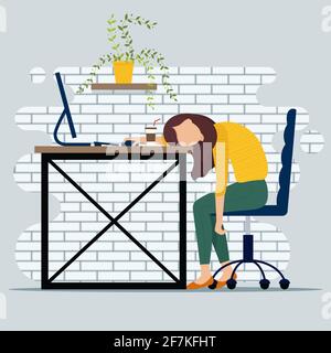 Burnout-Konzept-Illustration mit erschöpfter Büroarbeiterin am Tisch sitzen. Frustrierter Arbeiter, psychische Probleme. vektor-Illustration Stock Vektor