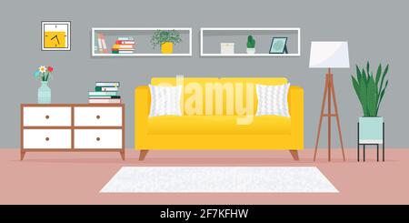 Gemütliches Wohnzimmer mit Sofa und anderen Möbeln. Vektor-Illustration in flachem Stil, Innenarchitektur Stock Vektor
