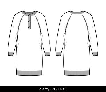 Kleid Pullover henley Ausschnitt technische Mode Illustration mit langen Raglanärmeln, Relax-Passform, knielang, Ripp-Strickbesatz. Flatpullover-Bekleidung vorne, hinten, in weißer Farbgebung. Frauen, Männer, Unisex-Modell Stock Vektor