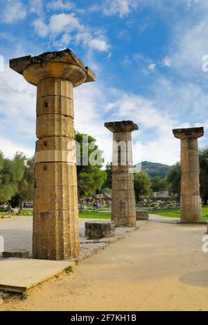 Ruinen des antiken Olympia, Tempel von Hera, Heraion, Griechenland, Europa Stockfoto