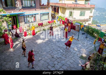 Junge Mönche spielen jianzi im Rumtek-Kloster, dem größten Kloster in Sikkim, Indien. Jianzi ist eine traditionelle chinesische Nationalsportart, in der Spieler ein Stockfoto