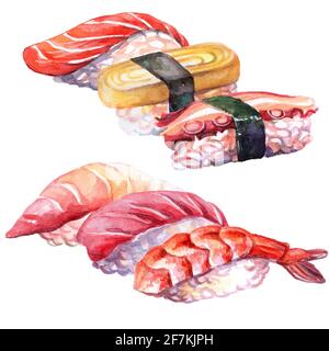 Japanische Küche Sushi-Set mit Lachs, Garnelen, Thunfisch, Tintenfisch Aquarell-Illustration isoliert auf weißem Hintergrund. Für Design Sushi Restaurant Menü, Stockfoto