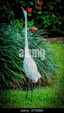 Dies ist ein wunderschönes, hochwertiges Kunstwerk eines großen Reiher in einem tropischen Garten. Es misst 31.556 Zoll x 52.806 Zoll Der Vogel ist sehr neugierig und sp Stockfoto