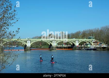 Zwei Paddlebarder auf der themse, von der twickenham-Seite aus gesehen, bewegen sich in Richtung richmond Lock and Wehr, südwestlich von london, england Stockfoto