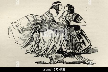 Szene aus Kleopatra aus dem Ballett von Mikhail Fokine. Kleopatra und Amoun küssen sich Stockfoto