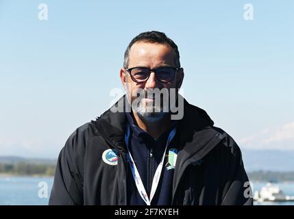 Varese, Italien. April 2021. Varese, Italien Pressekonferenz zur 2021 Vorstellung der europäischen olympischen und paralympischen kontinentalen Qualifikationsregatta und der europäischen Rudermeisterschaften 2021, an der Davide Galimberti, Bürgermeister von Varese und Präsident des Organisationskomitees, Francesco Cattaneo, technischer Direktor des italienischen nationalen Ruderteams, Matt Smith FISA Executive Director auf dem Foto: Franco Cattaneo, DT der italienischen Nationalmannschaft Credit: Independent Photo Agency/Alamy Live News Stockfoto