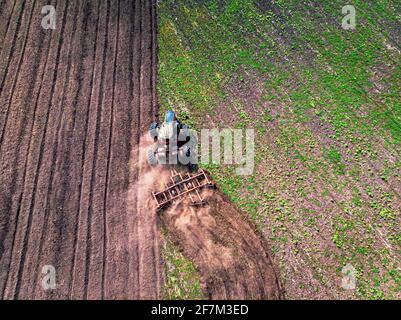 Landwirtschaft Maschine Ernte Ernte in Feldern. Der Traktor zieht den Mechanismus für die Heuherstellung. Ernte im Herbst am Morgen in der Morgendämmerung. Agribusiness in der Stockfoto
