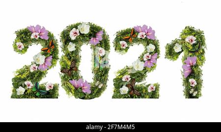 Konzept von Natur und Ökologie. Numbers Lettering 2022 im floralen Stil, schöne große weiße rosa Blüten, Efeu Reben wilden Weinberg. Isoliert weiß Stockfoto