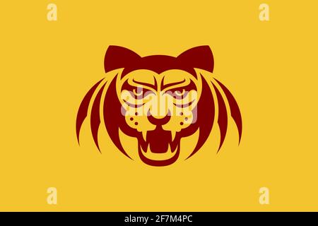 Fledermaus-Logo mit geflügeltem Tiger-Kopf. Der Tiger-Kopf in Kombination mit Fledermausflügeln, einem einzigartigen und kreativen Logo, symbolisiert die perfekte Kraft zwischen Land und Luft. Stock Vektor