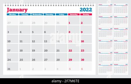 Planner-Vorlage für Kalender 2022. Die Woche beginnt am Montag. Set mit 12 Monaten. Vektorgrafik Stock Vektor