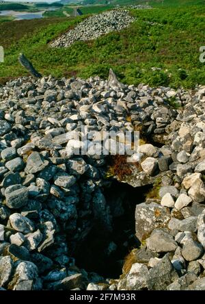 Coille na Borgie Neolithische Kammergräber, Sutherland, Schottland, Großbritannien: Blick N von zwei gehörnten langen cairns auf einer Moorterrasse über dem Fluss Navar. Stockfoto