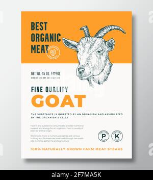 Best Organic Meat Abstract Vector Packaging Design oder Label Template. Banner „Farmangewachsene Steaks“. Moderne Typografie und handgezeichnete Silhouette mit Ziegenkopf Stock Vektor