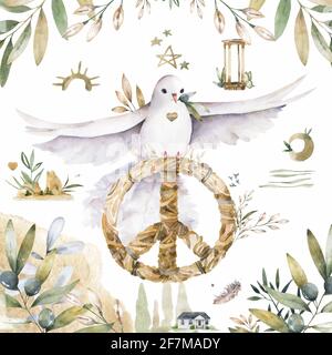 Weiße Taube auf blauem Aquarellhintergrund, Postkarte für den internationalen Friedenstag. Fliegende Taube mit Friedenssymbol und Olivenzweig. Stockfoto