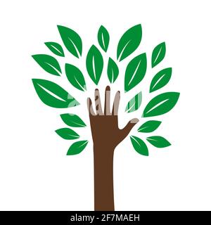 Illustration einer Hand, die einen Baum bildet, mit Blättern, die der Natur helfen. Entsorgen Sie, retten Sie die Erde oder stoppen Sie das Konzept der globalen Erwärmung, das durch die repräsentiert wird Stock Vektor