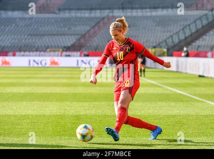 Die belgische Justine Vanhaevermaet wurde am Donnerstag, 0., während eines Fußballspiels zwischen der belgischen Nationalmannschaft „Rote Flammen“ und Norwegen in Aktion gezeigt Stockfoto