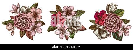 Blumenstrauß aus farbigem Hibiskus, Pflaumenblüten, Pfirsichblüten, Sakura-Blüten, Magnolienblüten, camellia japonica Stock Vektor