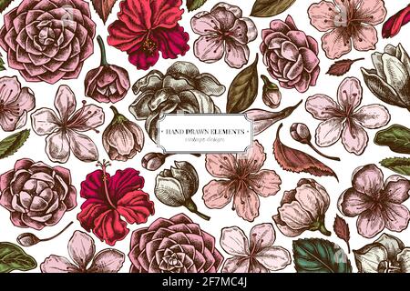 Blumenmuster mit farbigem Hibiskus, Pflaumenblüten, Pfirsichblüten, Sakura-Blumen, Magnolienblüten, camellia japonica Stock Vektor