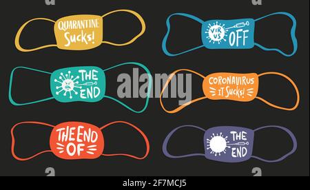 Maskenset in verschiedenen Farben mit handbeschriftenden Details. Coronavirus kovid19. Kalligraphie Handschrift. Mehrfarbig. Vektorgrafik Stock Vektor