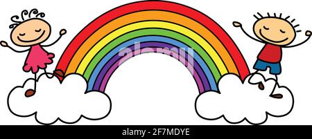 Rainbow Kinder Cartoon, Happy Stick Figur Kinder Illustration Stock Vektor