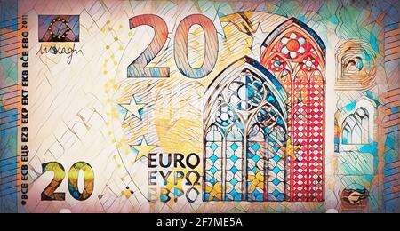 200-Euro-Banknote und Mosaikeffekt. Stockfoto