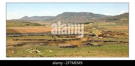 Weihnachten APPEALSenden Sie eine Kuh--- die vernarbte raue Landschaft in Lesotho. Wo niedrige Niederschläge und schwere Erosion macht Anbau von Pflanzen oder Fütterung einer Familie eine kontinuierliche bergauf kämpfen. Foto von David Sandison November 2004 Stockfoto