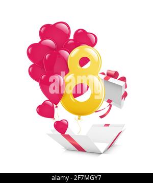Internationaler Frauentag. Eine offene weiße Geschenkbox mit Ballons im Herzen und der Form der Nummer acht. Die Ballons fliegen aus der Box. Stock Vektor