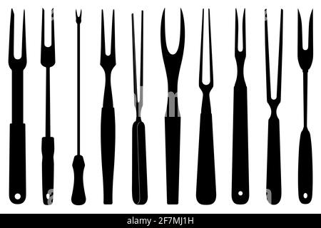 Set aus verschiedenen Schnitzgabeln isoliert auf weiß Stockfoto