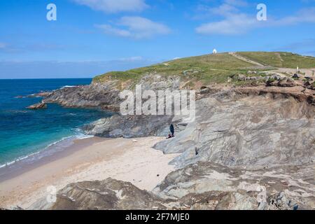 Sonniger Tag mit Blick auf Little Fistral Beach Newquay Cornwall England Stockfoto