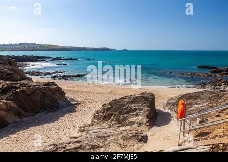 Sonniger Tag mit Blick auf Little Fistral Beach Newquay Cornwall England Stockfoto