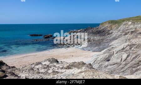 Sonniger Tag mit Blick auf Little Fistral Beach Newquay Cornwall England Stockfoto