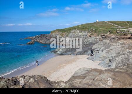 Sonniger Tag mit Blick auf Little Fistral Beach Newquay Cornwall England Stockfoto
