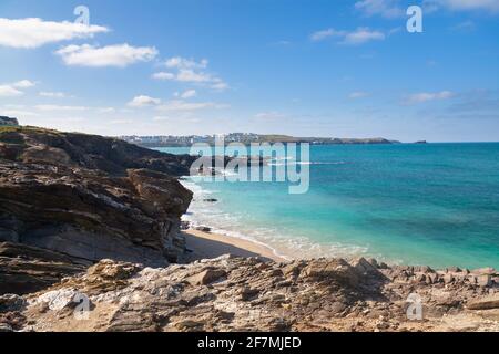 Sonniger Tag mit Blick auf Little Fistral Beach Newquay Cornwall England Stockfoto