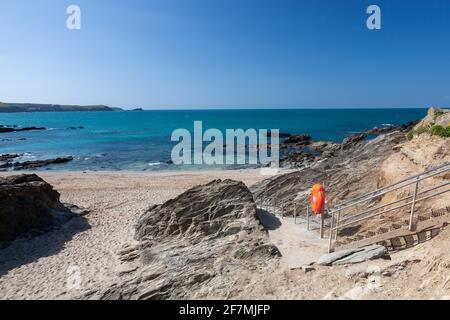 Sonniger Tag mit Blick auf Little Fistral Beach Newquay Cornwall England Stockfoto